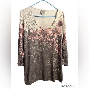 Floral pink gray white scalloped v neck top 3/4 length sleeves plus size 18